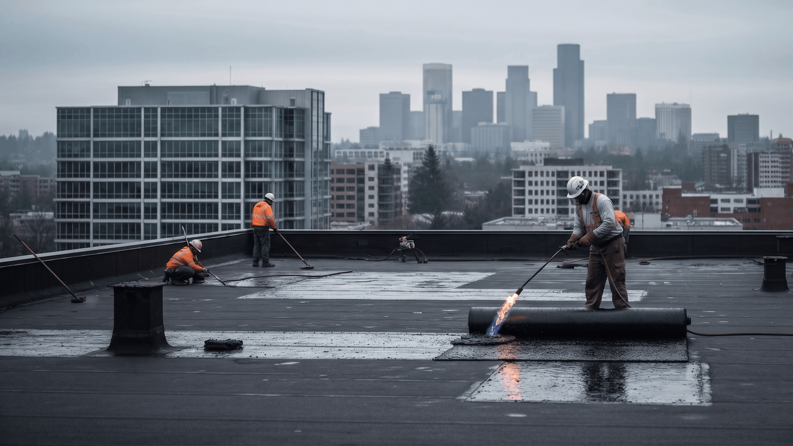 Commercial roofing Everett WA — licensed contractor on flat roof